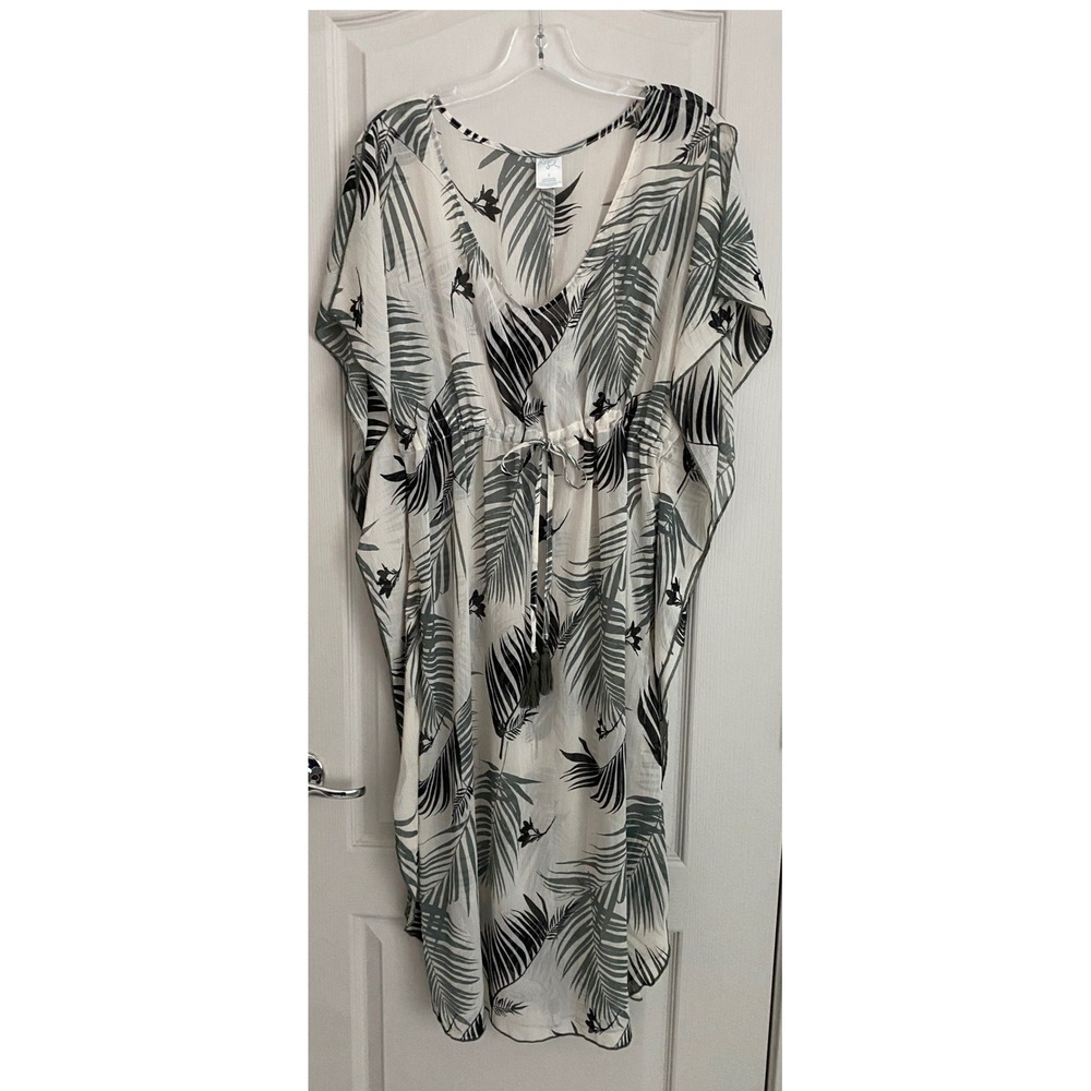 Kona Sol Womens Palm Leaf Kaftan Swim Cover Up V-Neck Drawstring Black White - S - Picture 4 of 12